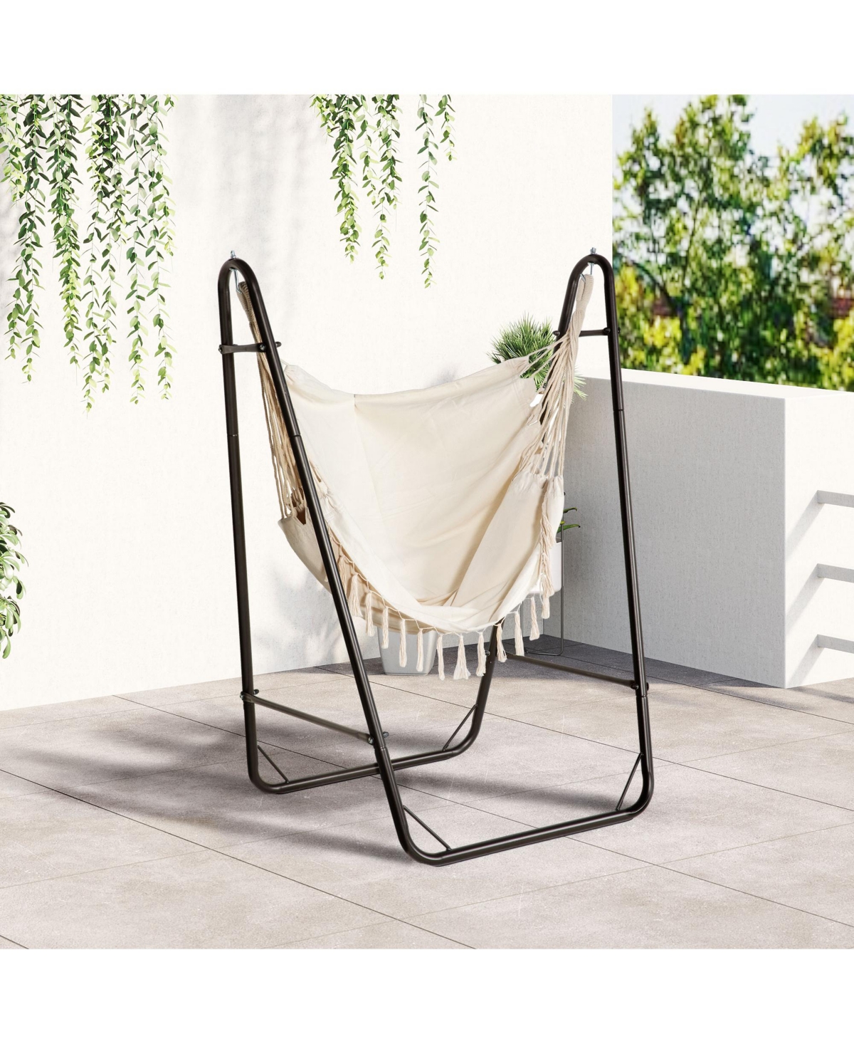 Patio Hammock Chair with U Shape Stand, Outdoor Hammock Swing Hanging Lounge Chair with Side Pocket, Brown/Cream White