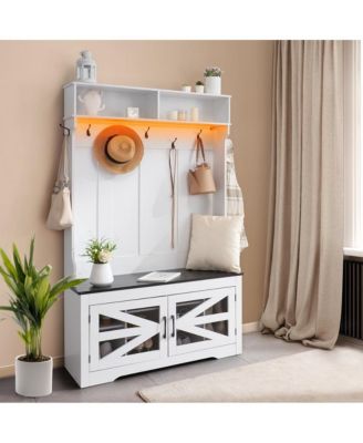 Entryway Bench with LED Coat Rack, 7 Hooks, Shoe Storage, and Adjustable Shelves