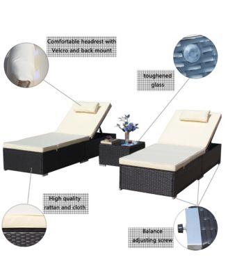 3-Piece Outdoor Patio Furniture Set Chaise Lounge, Patio Reclining Rattan Lounge Chair Chaise Couch Cushioned with Glass Coffee Table, Adjustable Back and Feet, Lounger Chair for Pool Garden, Beige