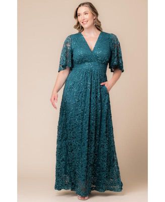Plus Size Luminous Sequin Lace Evening Gown with Pockets