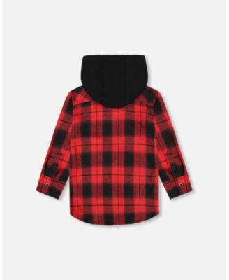 Baby Boys Plaid Flannel Shirt with Hoodie Red and Black