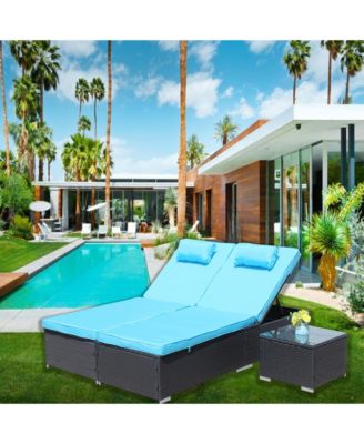 3-Piece Outdoor Patio Furniture Set Chaise Lounge, Patio Reclining Rattan Lounge Chair Chaise Couch Cushioned with Glass Coffee Table, Adjustable Back and Feet, Lounger Chair for Pool Garden, Blue