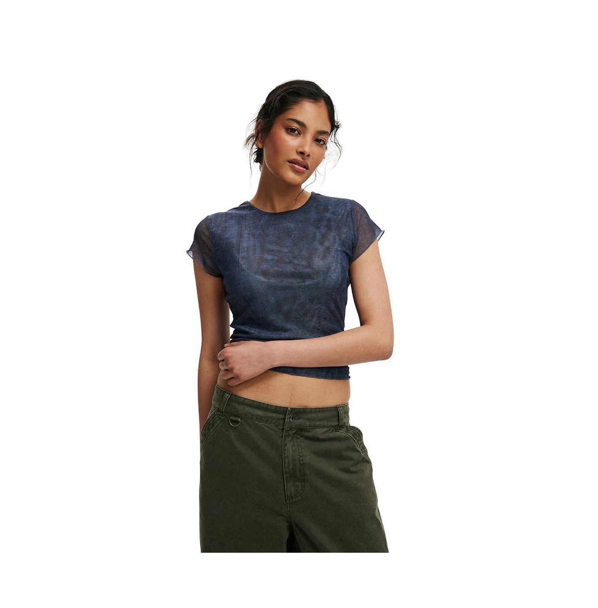 Women's Ashley Mesh Short Sleeve Top - Printed denim seam