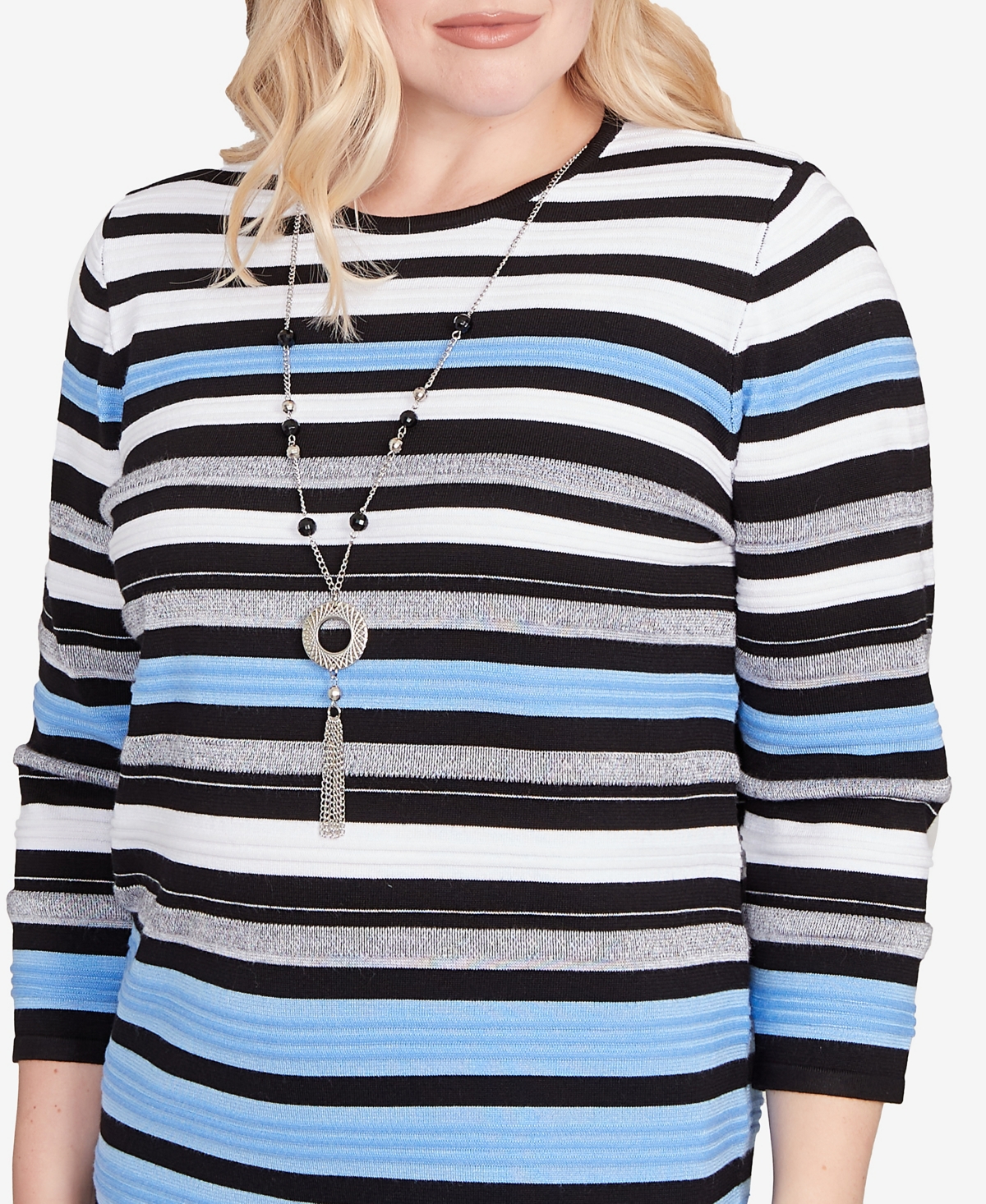 Alfred Dunner Women's Textured Stripe Sweater With Necklace In Blue