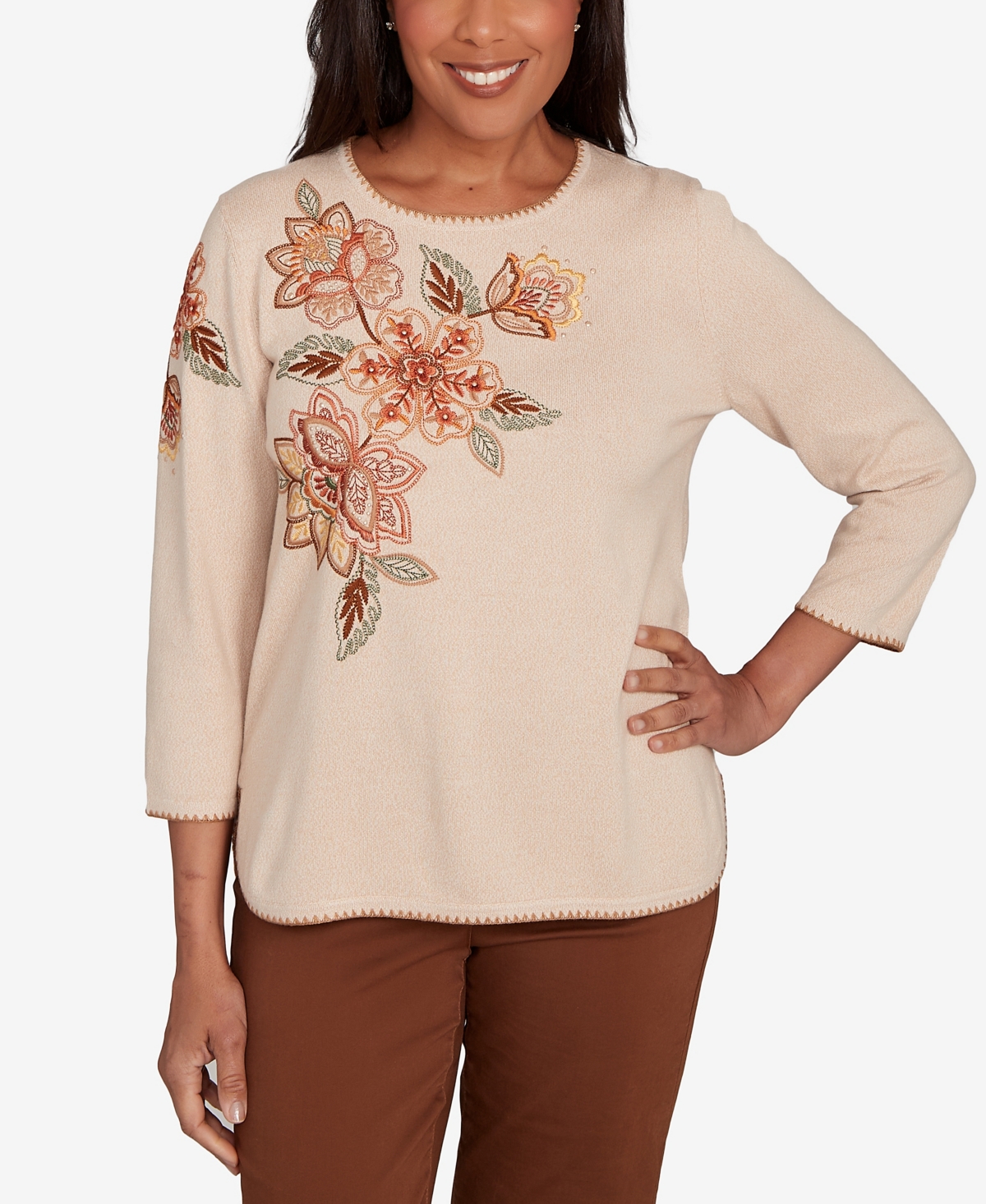 Women's Mount Laurel Asymmetrical Embroidered Flower Sweater - Oatmeal