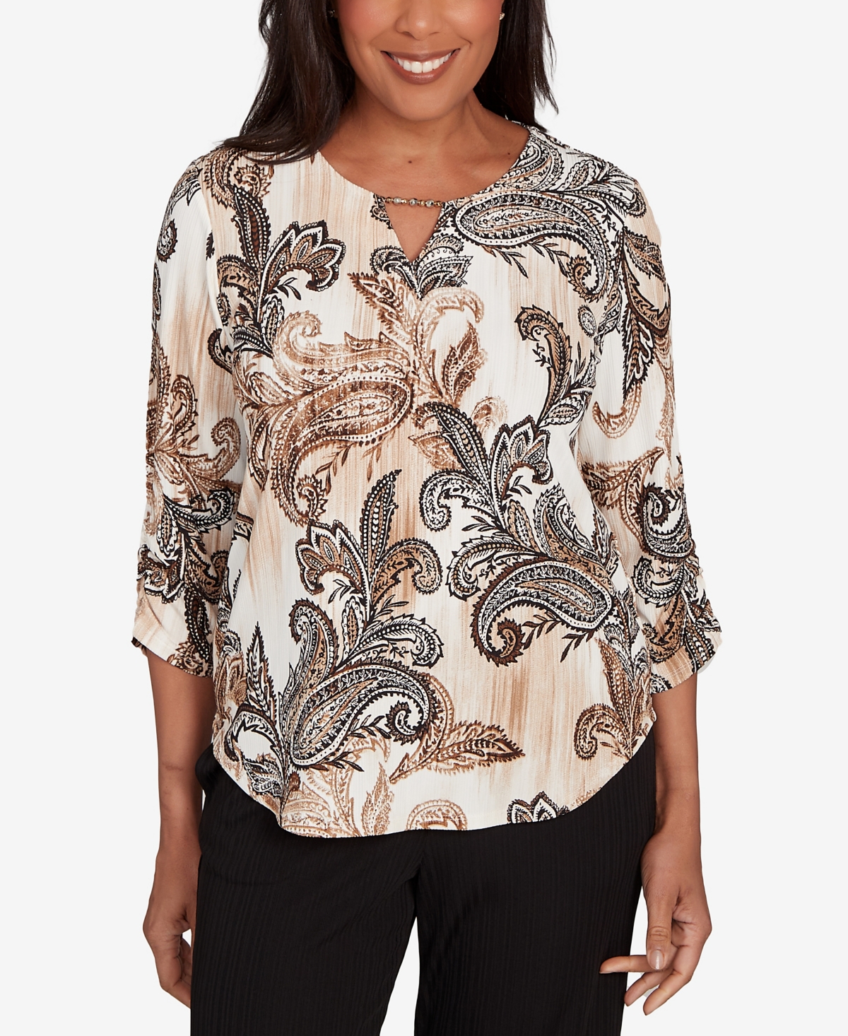 Women's Textured Paisley Ruched Sleeves Top - Tan