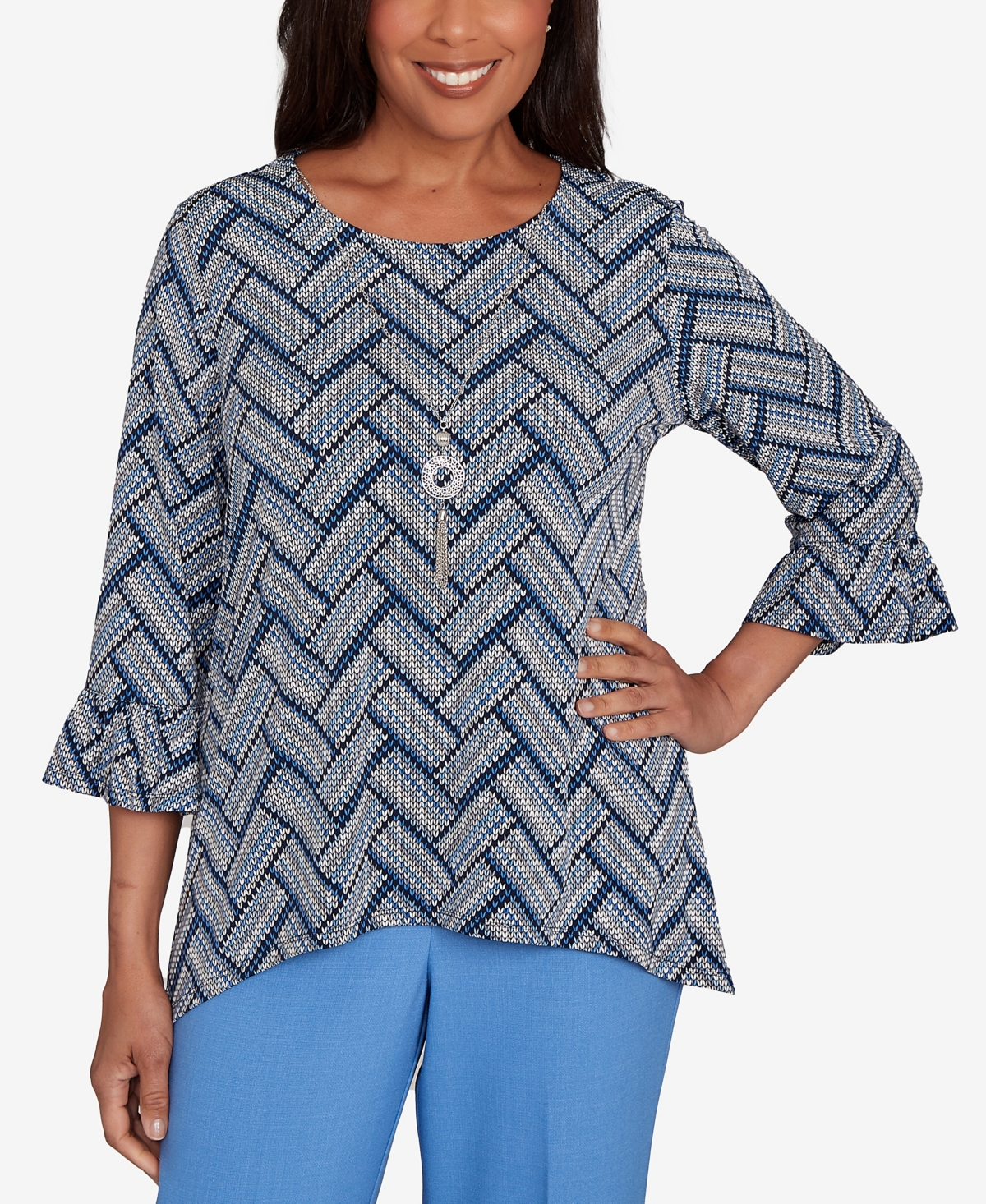 Women's Chevron Textured Knit Top with Necklace - Blue Multi