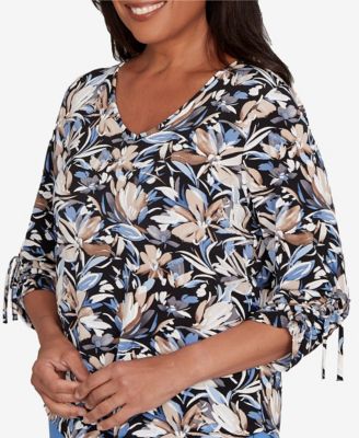 Women's Tie Sleeve Brushstroke Floral Knit Top