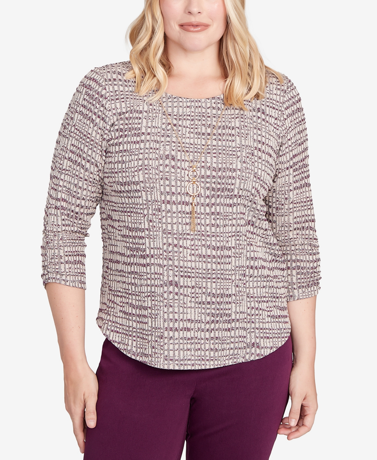 Alfred Dunner Plus Size Urban Legend Textured Shimmer Space Dye Top With Necklace In Multi