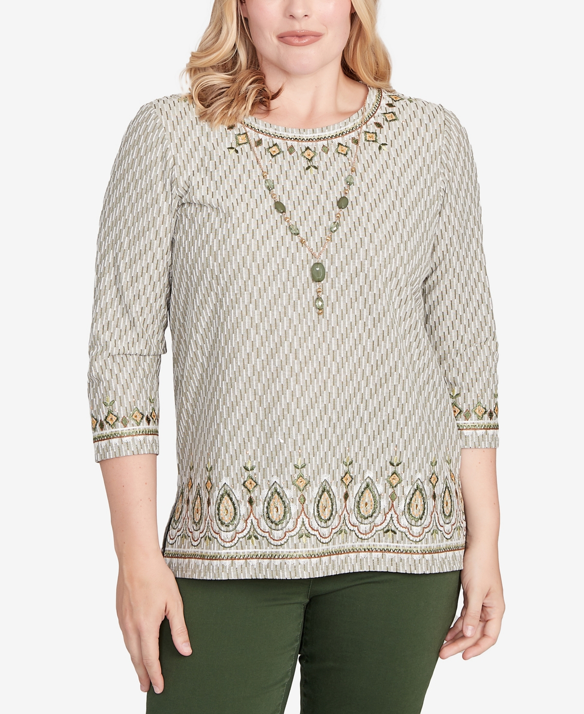 Alfred Dunner Women's Mount Laurel Textured Medallion Bordered Top with Necklace