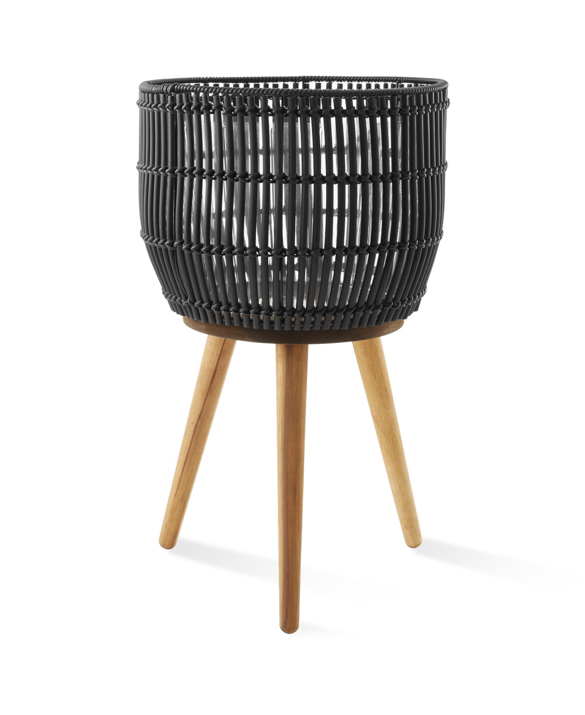 Floor Planter with Wood Legs in Natural, Planter Basket with Stand, Large Plant Pot Cover with Liner - Black with natural legs
