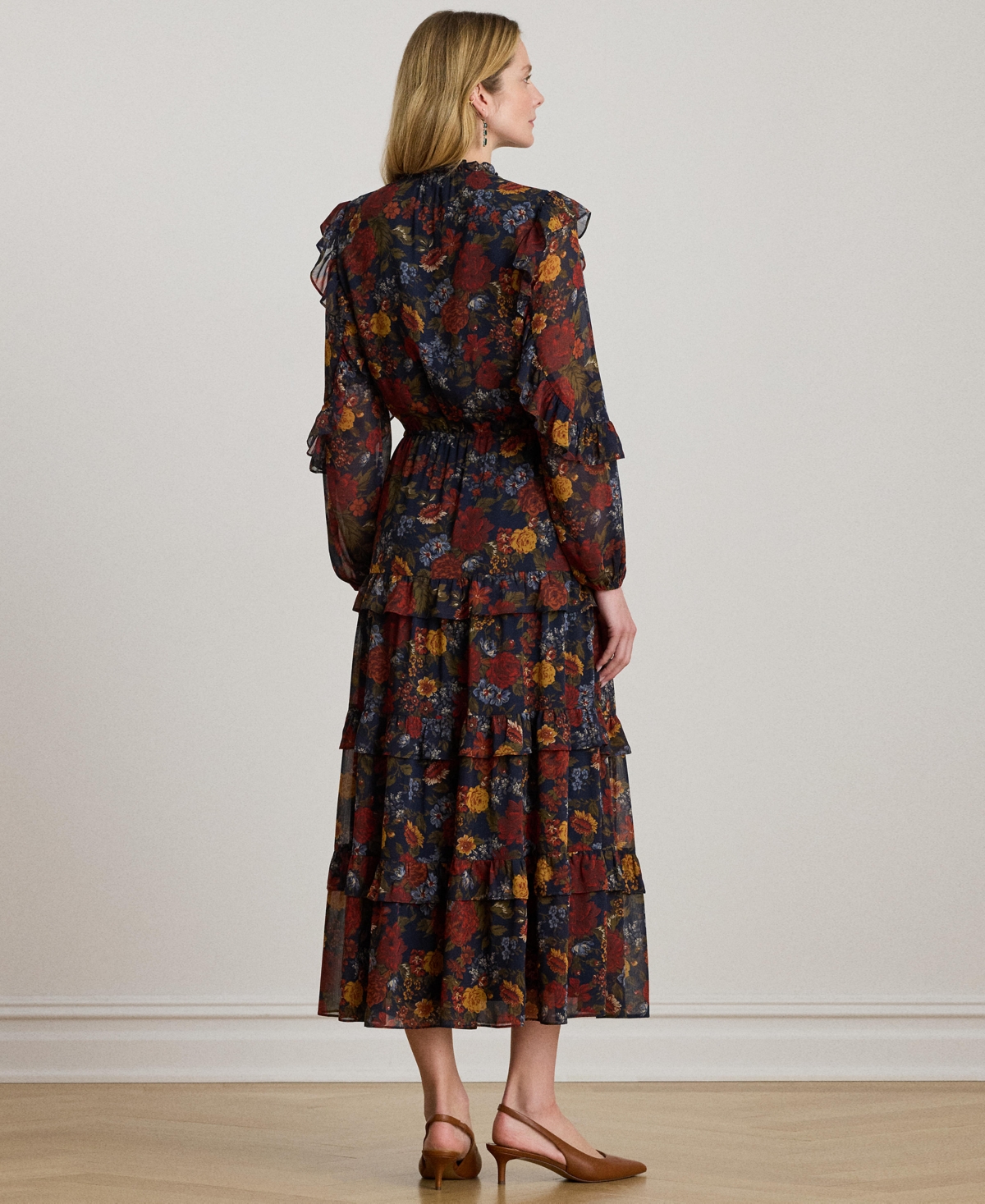 Ralph Lauren Mesh-inset Ruffle Chiffon Long-sleeve Maxi Shirtdress In Multi