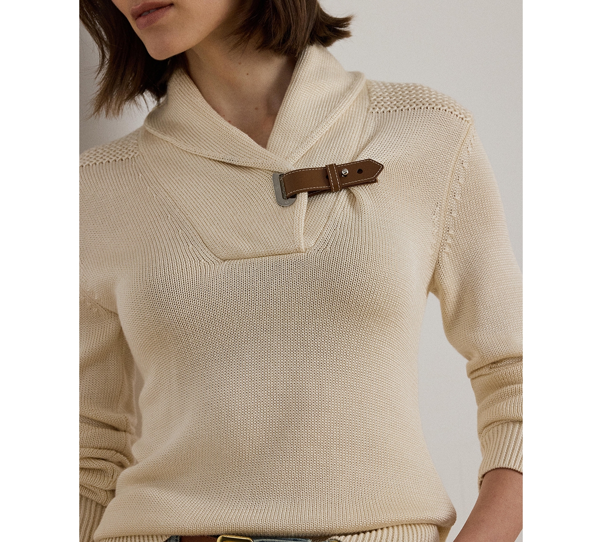 Ralph Lauren Buckle-trim Cotton-blend Sweater In Gold
