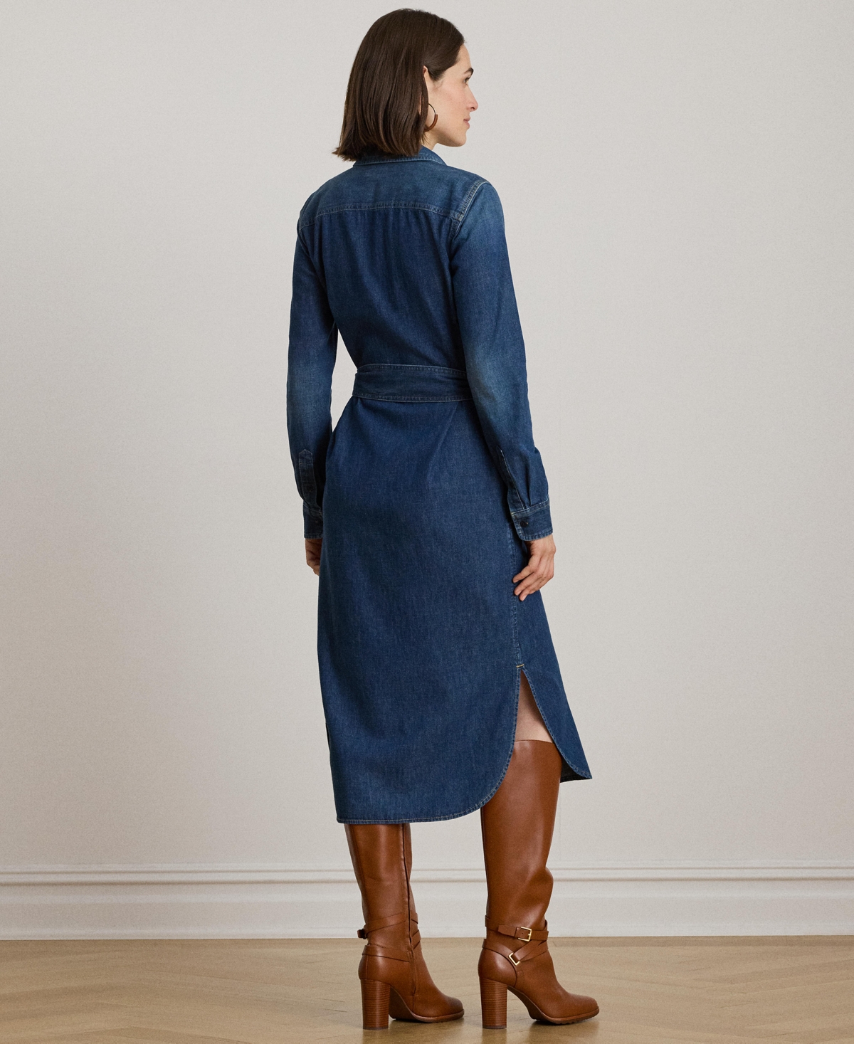 Ralph Lauren Horsebit-trim Belted Denim Shirtdress In Blue