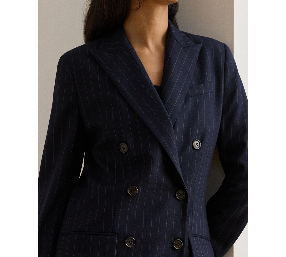 Ralph Lauren Womens Suiting Ryen Double Breasted Pinstripe Twill Blazer 0 22w In Blue