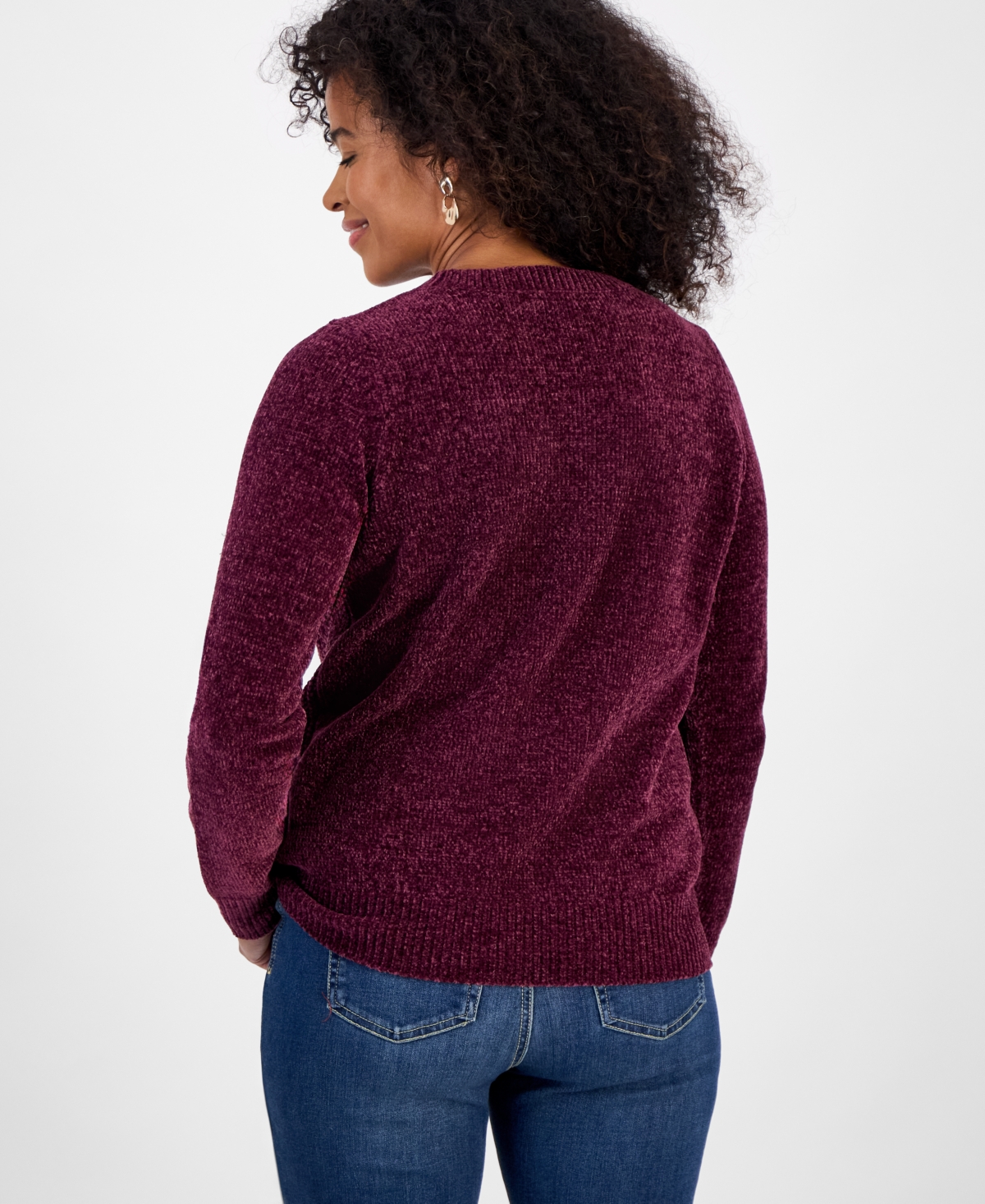 Style & Co Women's Chenille Crewneck Cable-knit Sweater, Macy's Exclusive In Burgundy
