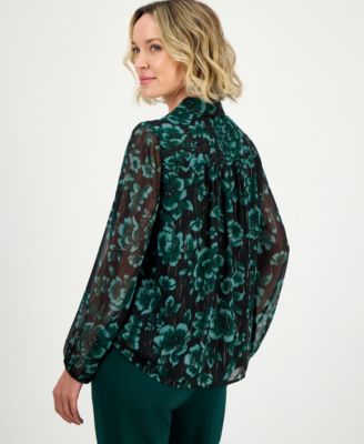 Women's Printed Ruffle-Front Long-Sleeve Blouse