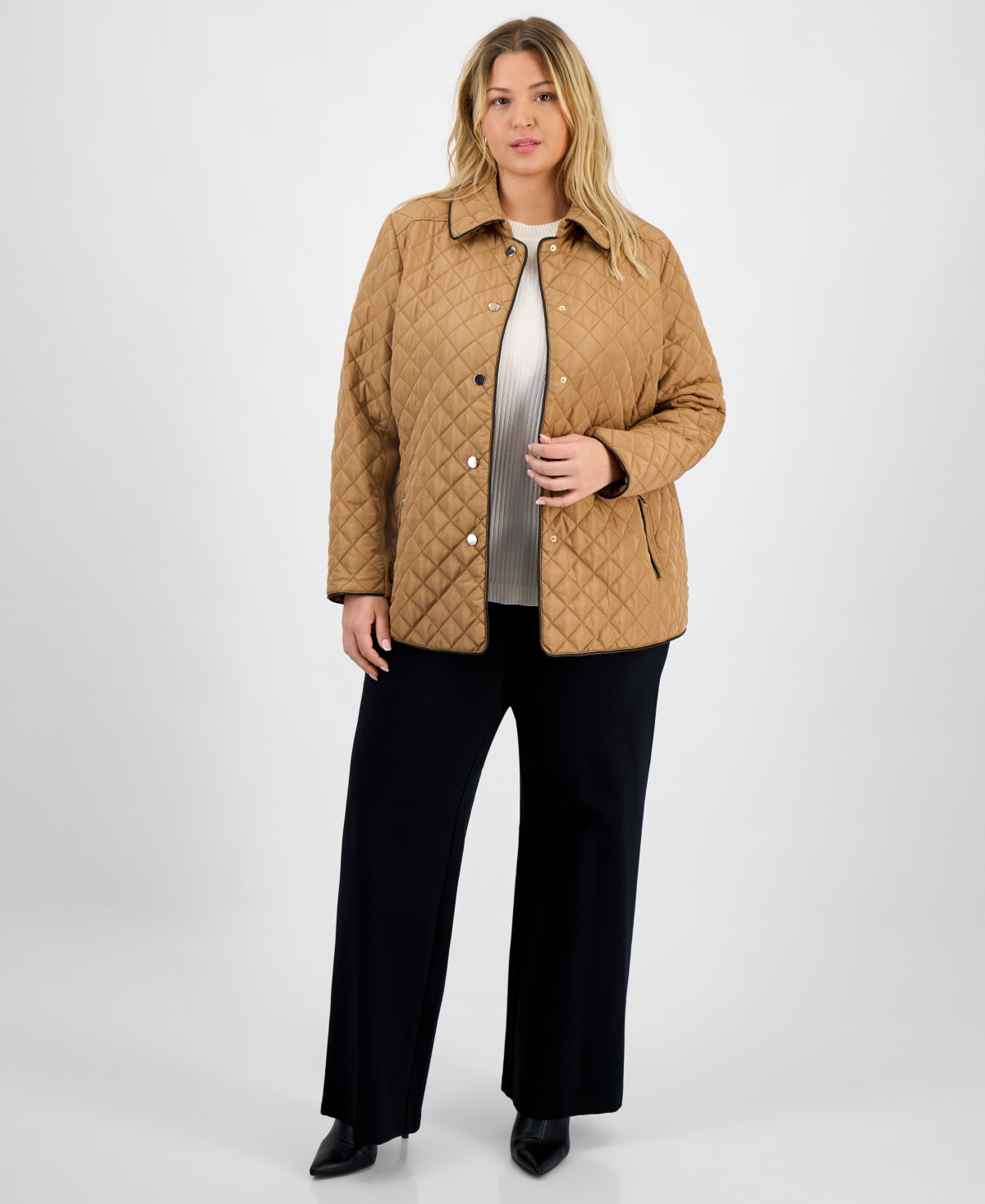 Jones New York Plus Size Quilted Snap-front Jacket In Brown