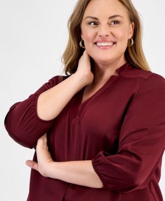 Plus Size Satin 3/4-Puff Sleeve V-Neck Blouse