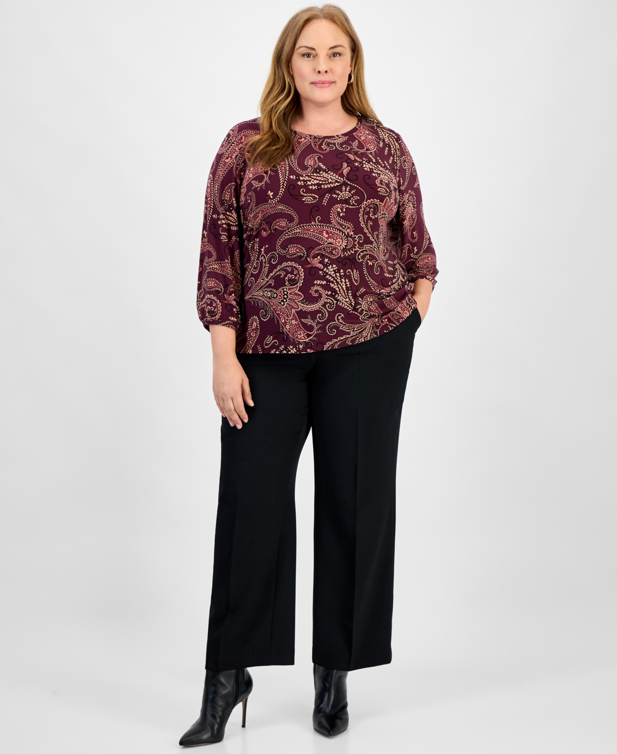 Jones New York Plus Size Paisley Puff-sleeve Crewneck Top In Burgundy