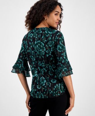 Petite Floral Print Split-Neck Bell-Sleeve Blouse