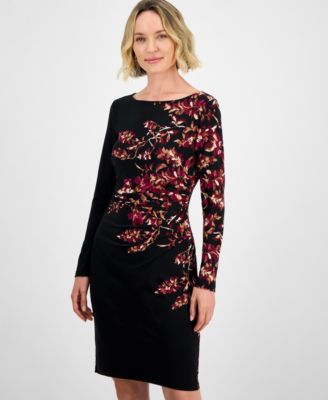 Women's Floral Side-Pleated Long-Sleeve Dress, Regular & Petite