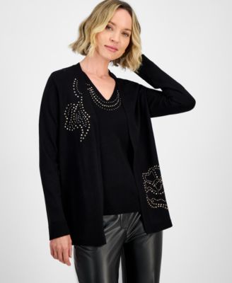 Kasper Womens Collarless Open Front 3 4 Sleeve Jacket Sleeveless Princess Seam Sheath Dress Regular Petite  In Black