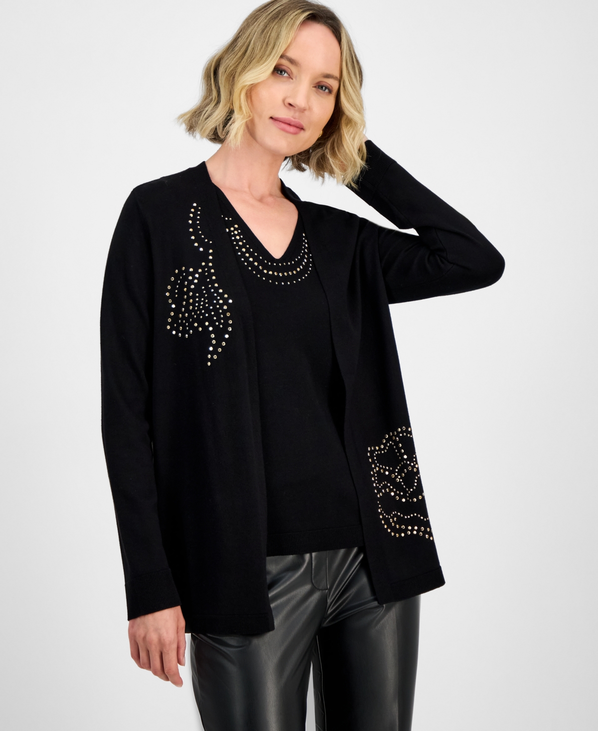 Kasper Stud-embellished Kissing-front Long-sleeve Cardigan In Black