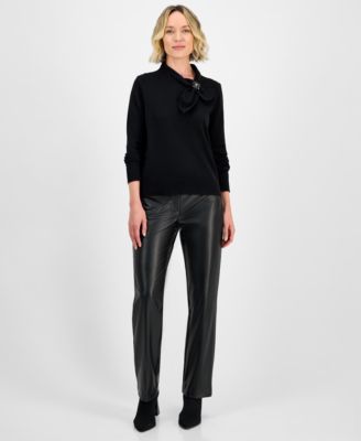 Women's Beaded-Brooch Tie-Neck Sweater, Regular & Petite