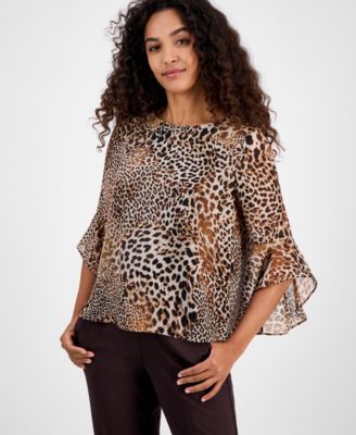 Kasper - Women's Animal-Print 3/4-Bell Sleeve Blouse
