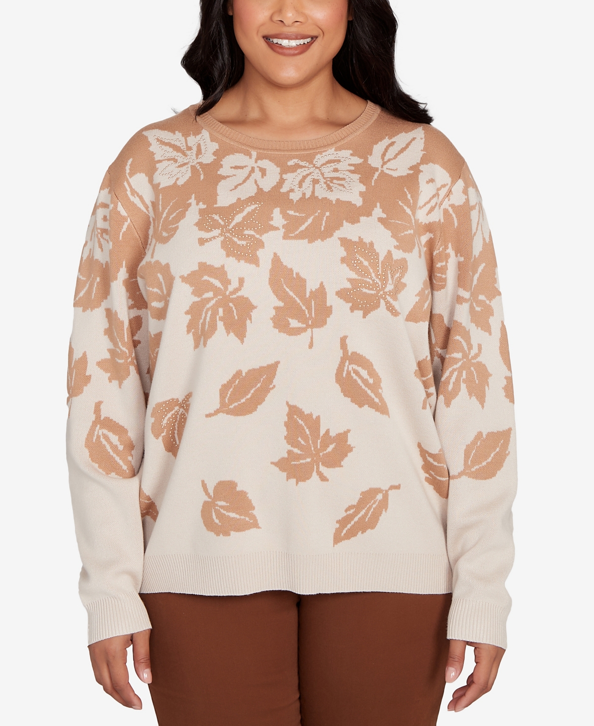 Plus Size Mount Laurel Falling Leaf Long Sleeve Sweater - Whiskey