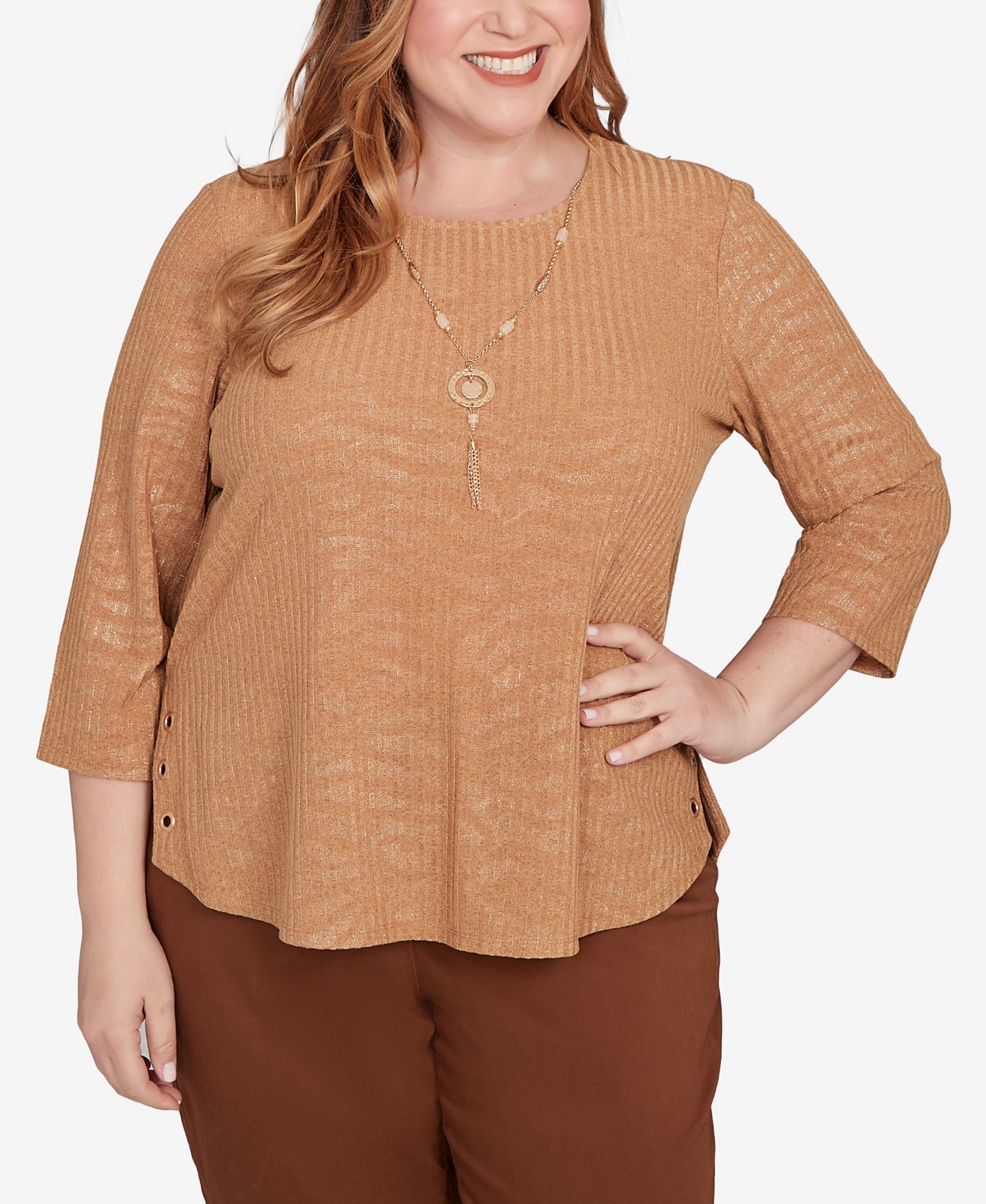 Plus Size Mount Laurel Shimmer Animal Jacquard Pull On Top with Necklace