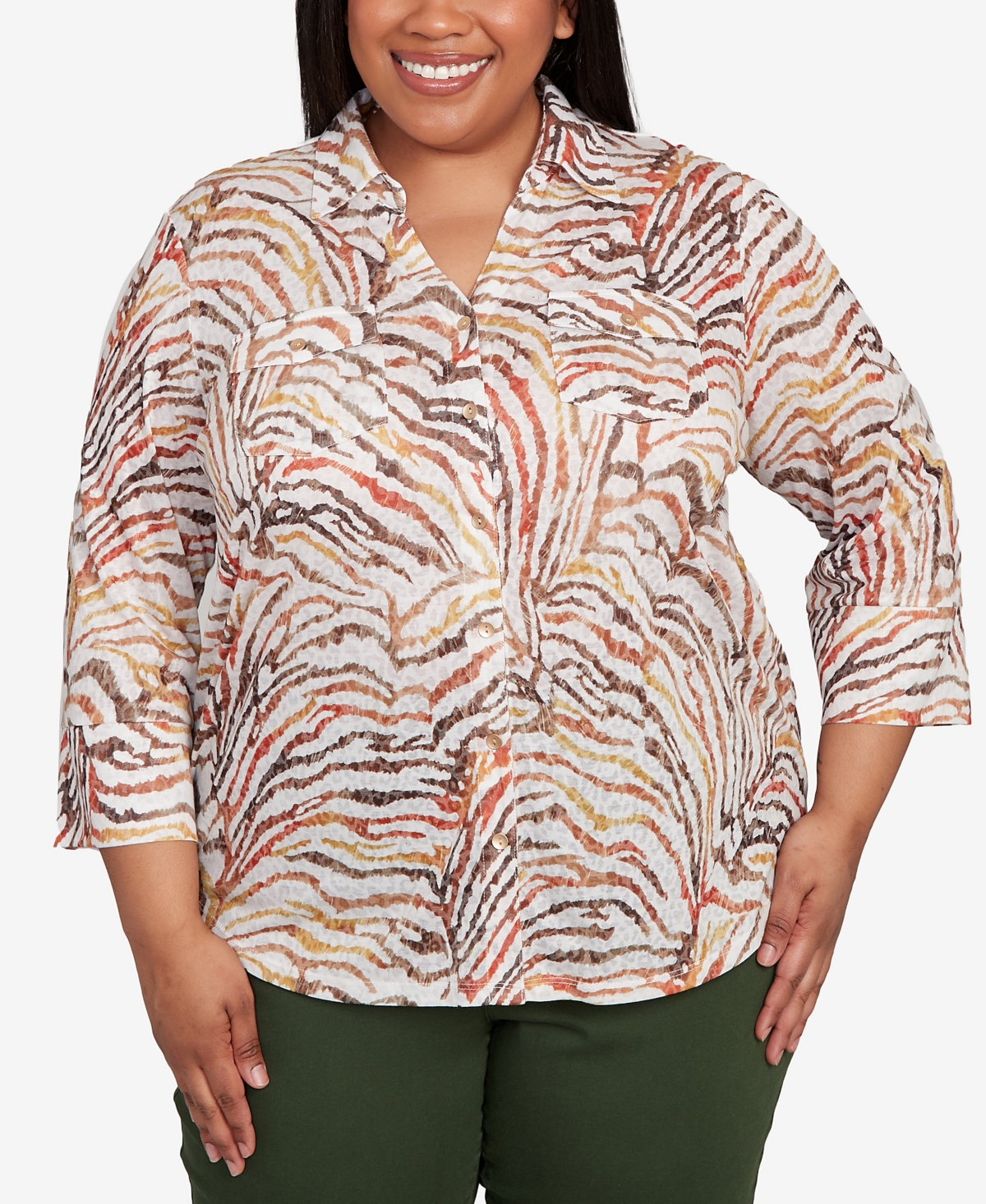 Plus Size Mount Laurel Animal Burnout Button Front Top - Oatmeal Multi