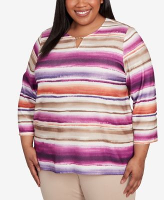 Plus Size Urban Legend Watercolor Biadere Beaded Split Neck Top