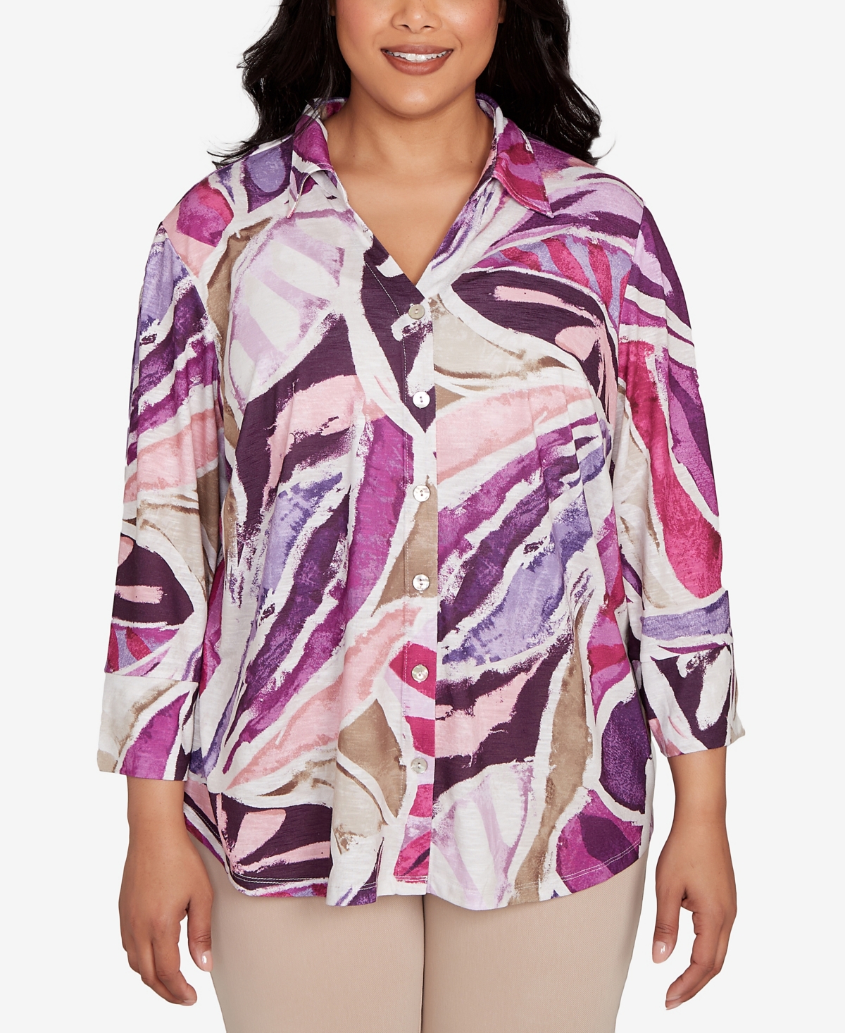 Plus Size Urban Legend Abstract Floral Button Front Top - Plum Multi