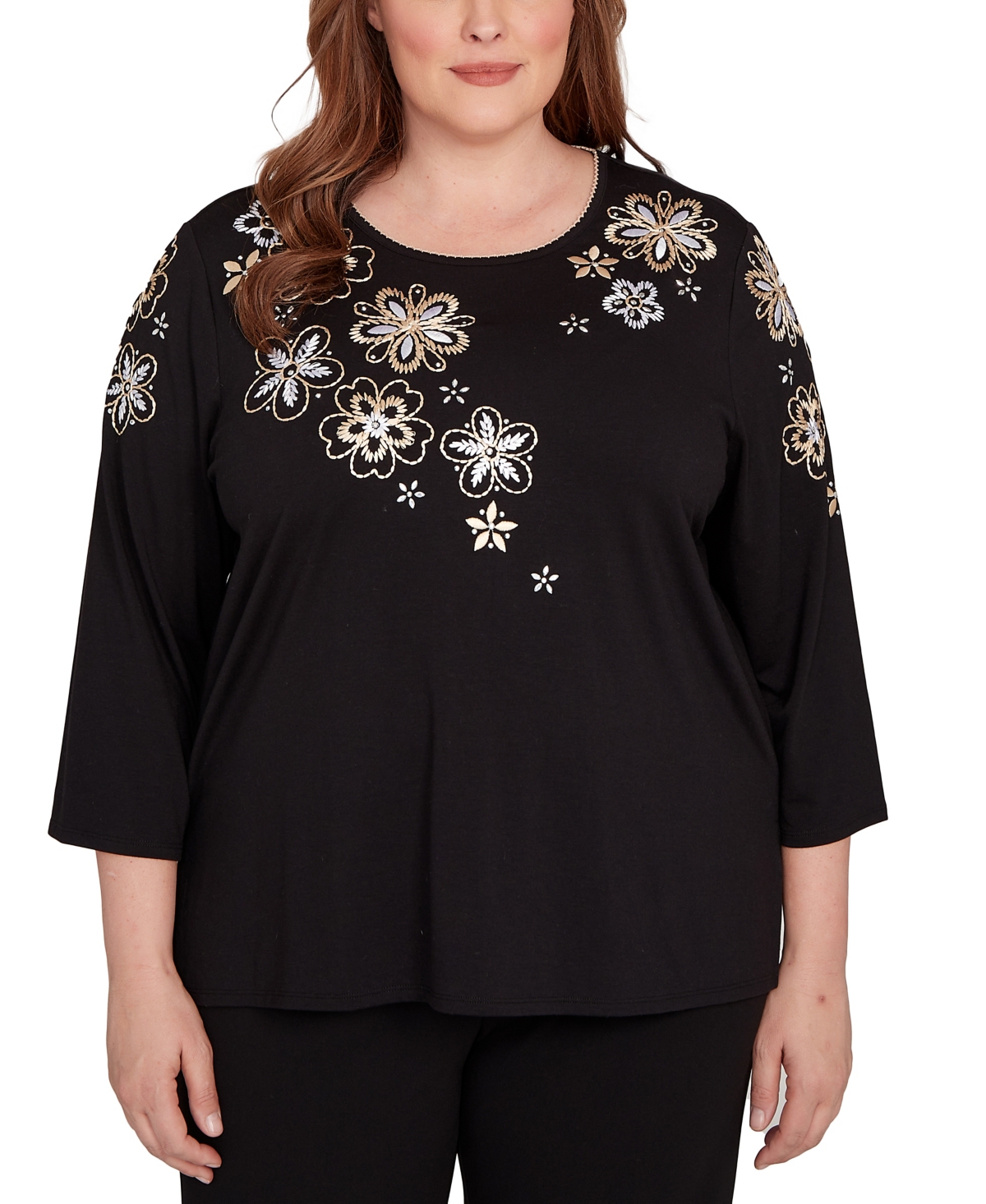 Plus Size As Usual Gold Floral Embroidered Three Quarter Sleeve Top - Black