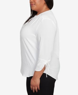 Plus Size As Usual Tie Sleeve Crinkle Textured Henley Top