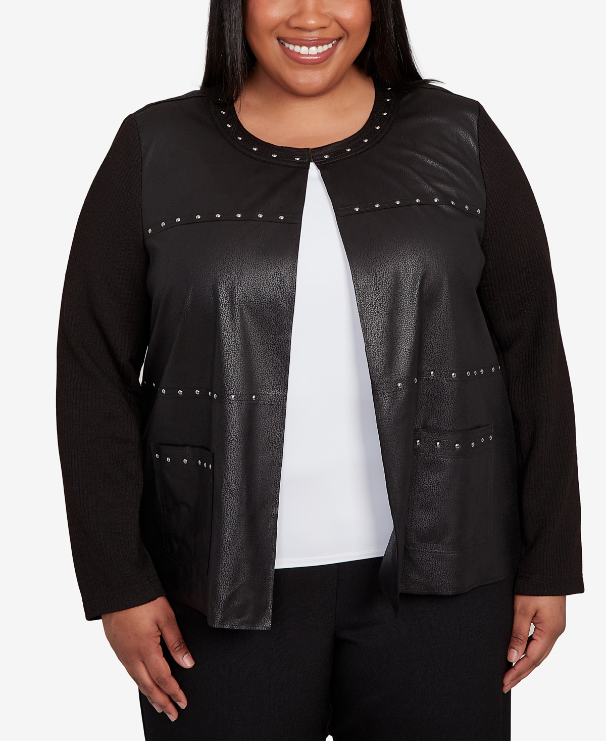 Plus Size As Usual Sweater Trim Pull On Jacket - Black