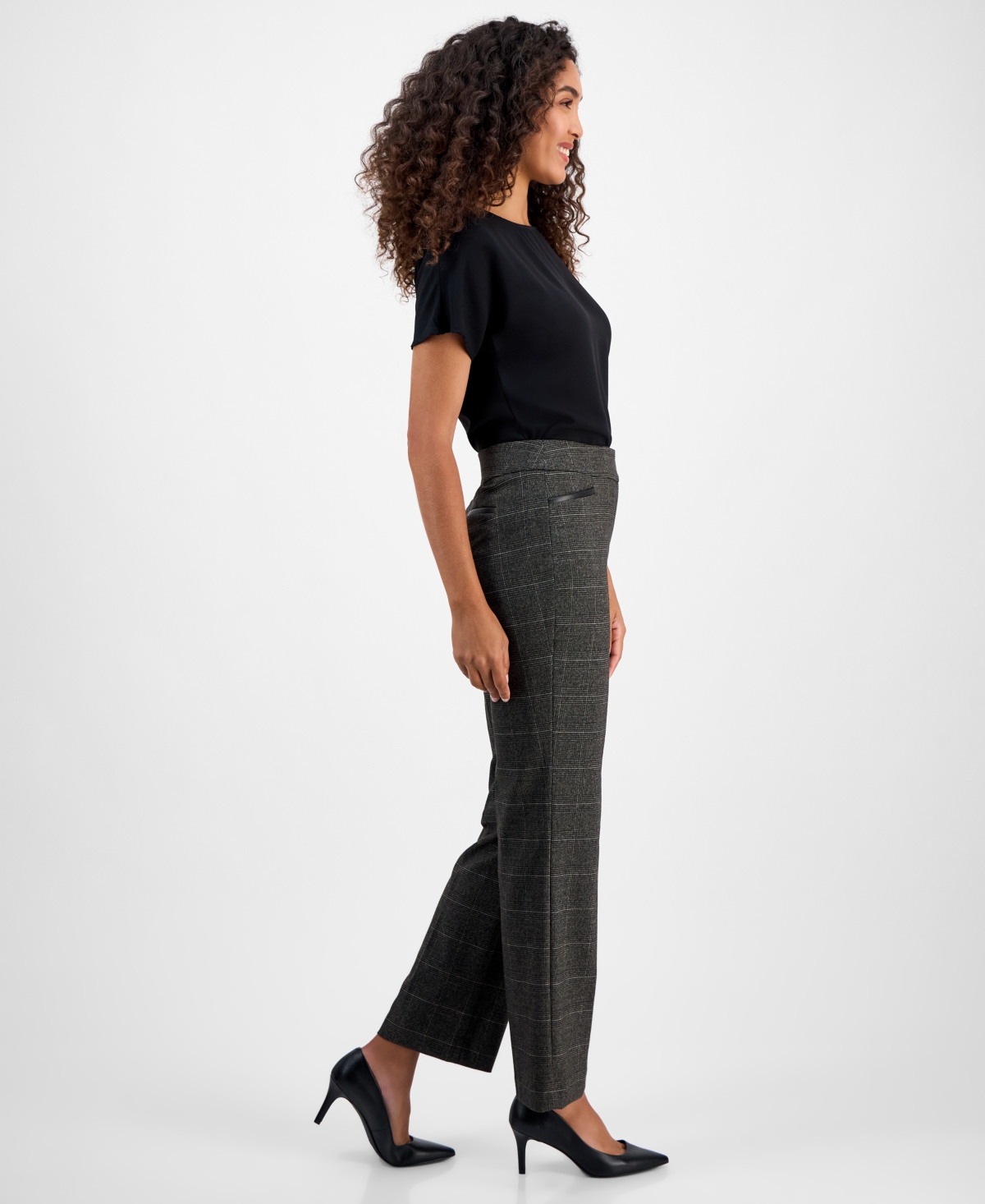Kasper Plaid Faux-leather Straight-leg Pants, Regular & Petites In Gray