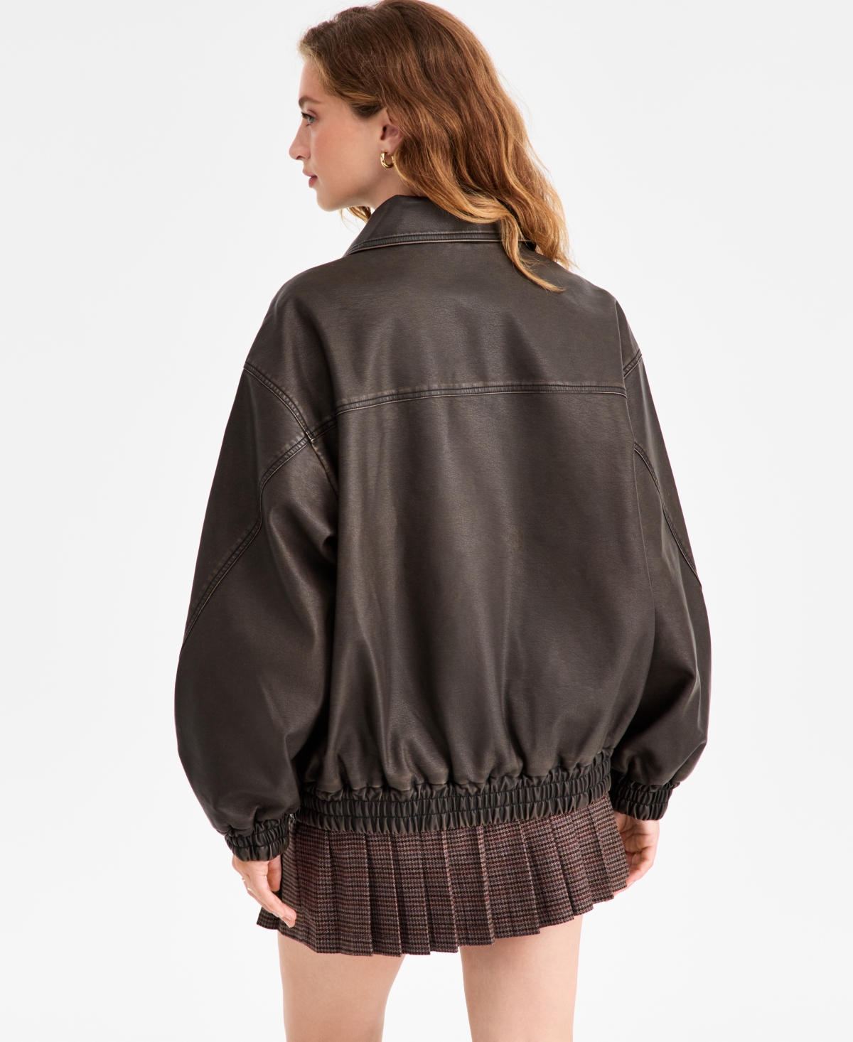 Bar Iii Women's Oversized Faux-leather Bomber Jacket, Macy's Exclusive In Brown