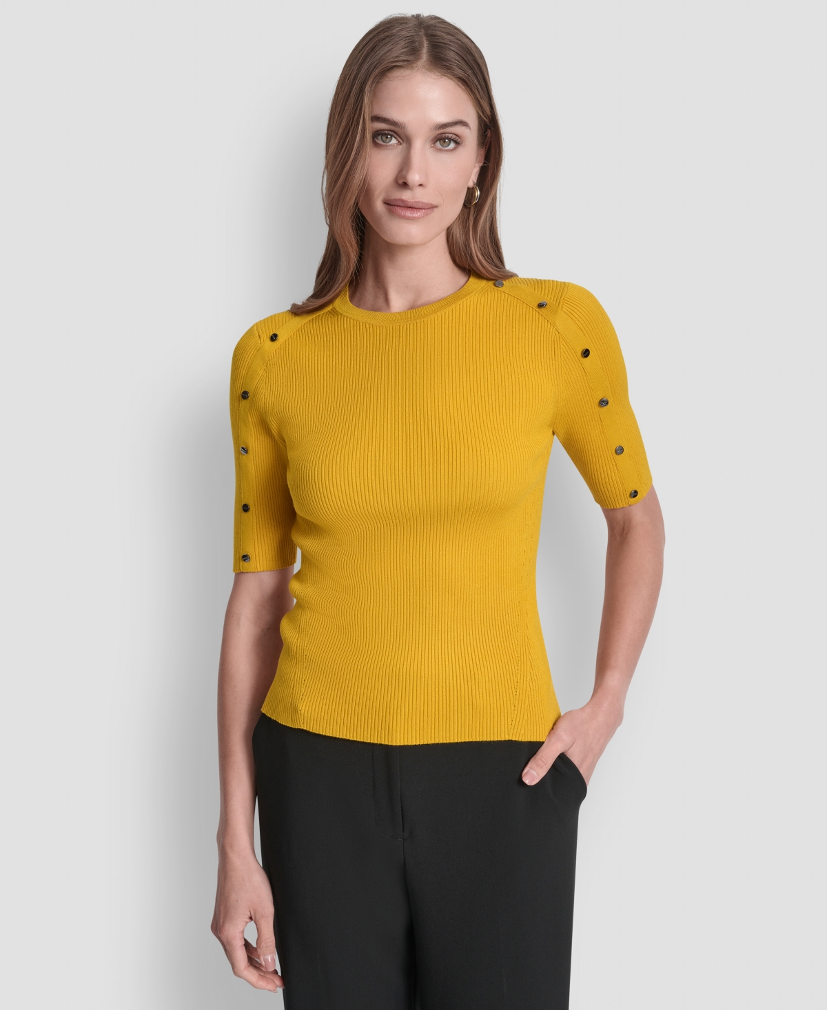 Dkny Women's Button Detail Short Sleeve Sweater In Yellow