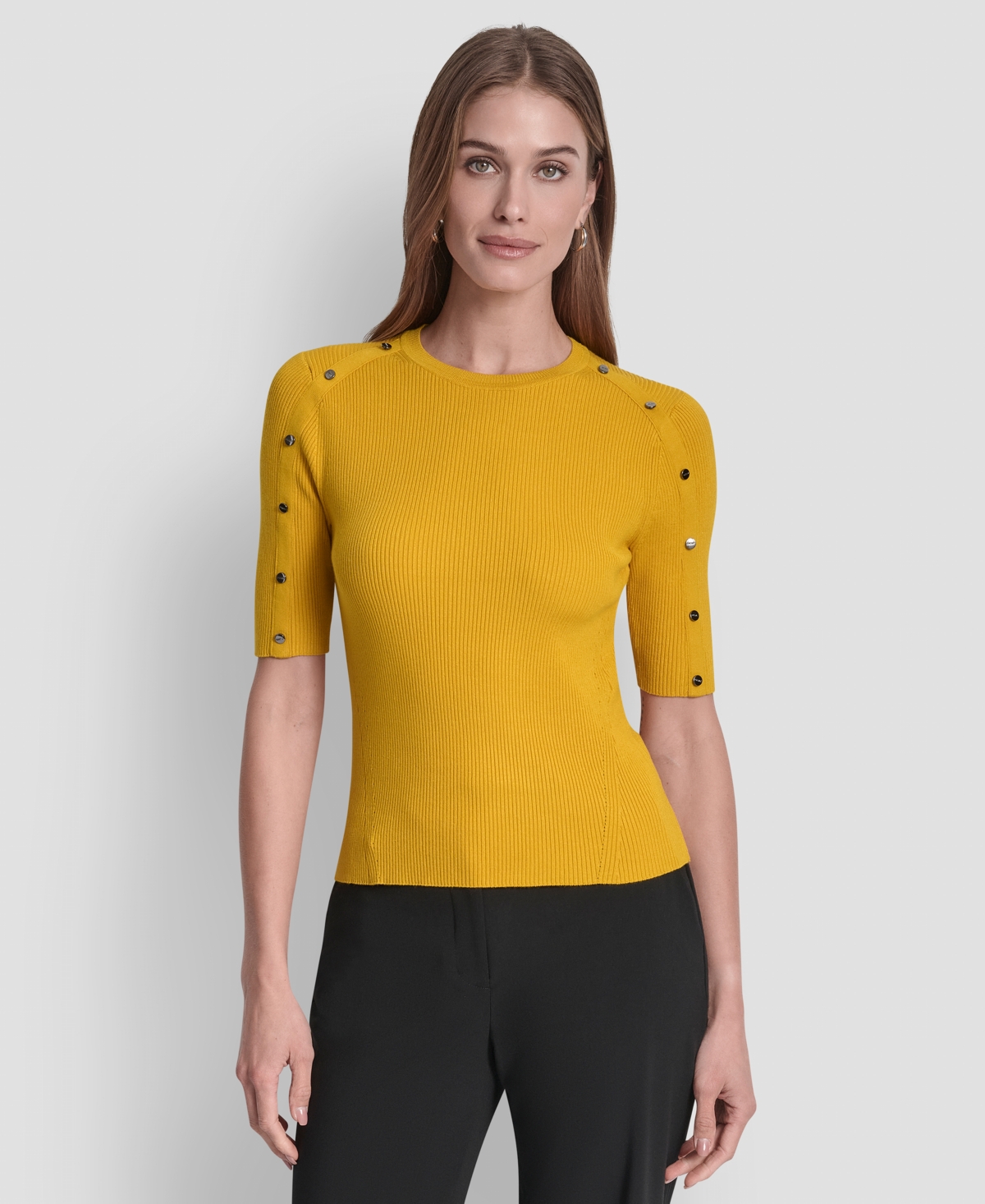 Dkny Women's Button Detail Short Sleeve Sweater In Yellow