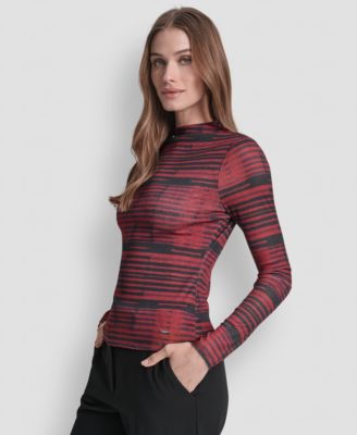 Women's Long Sleeve Fitted Funnel Neck Tissue Mesh Top