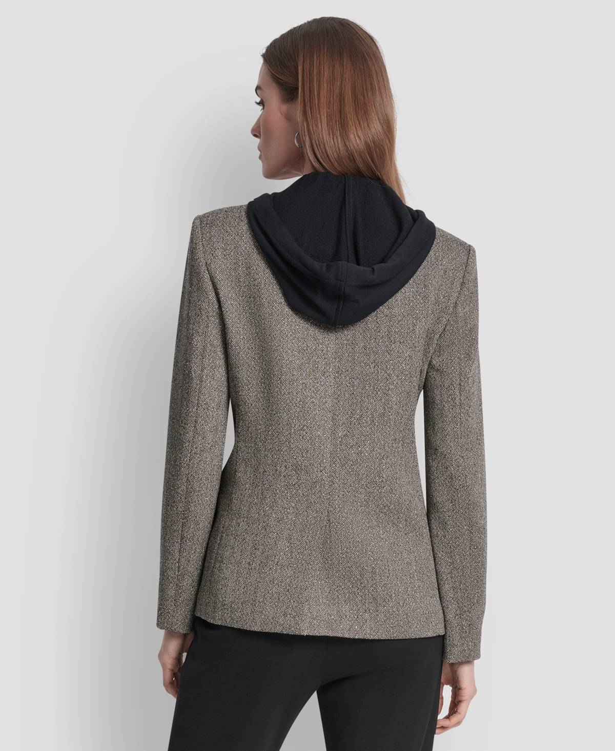 Dkny Women's Herringbone Pattern Blazer With Fleece Hoodie In Gray
