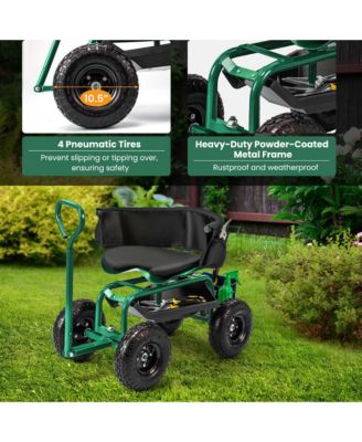 Rolling Garden Cart Height Adjustable Scooter with Swivel Seat & Tool Storage