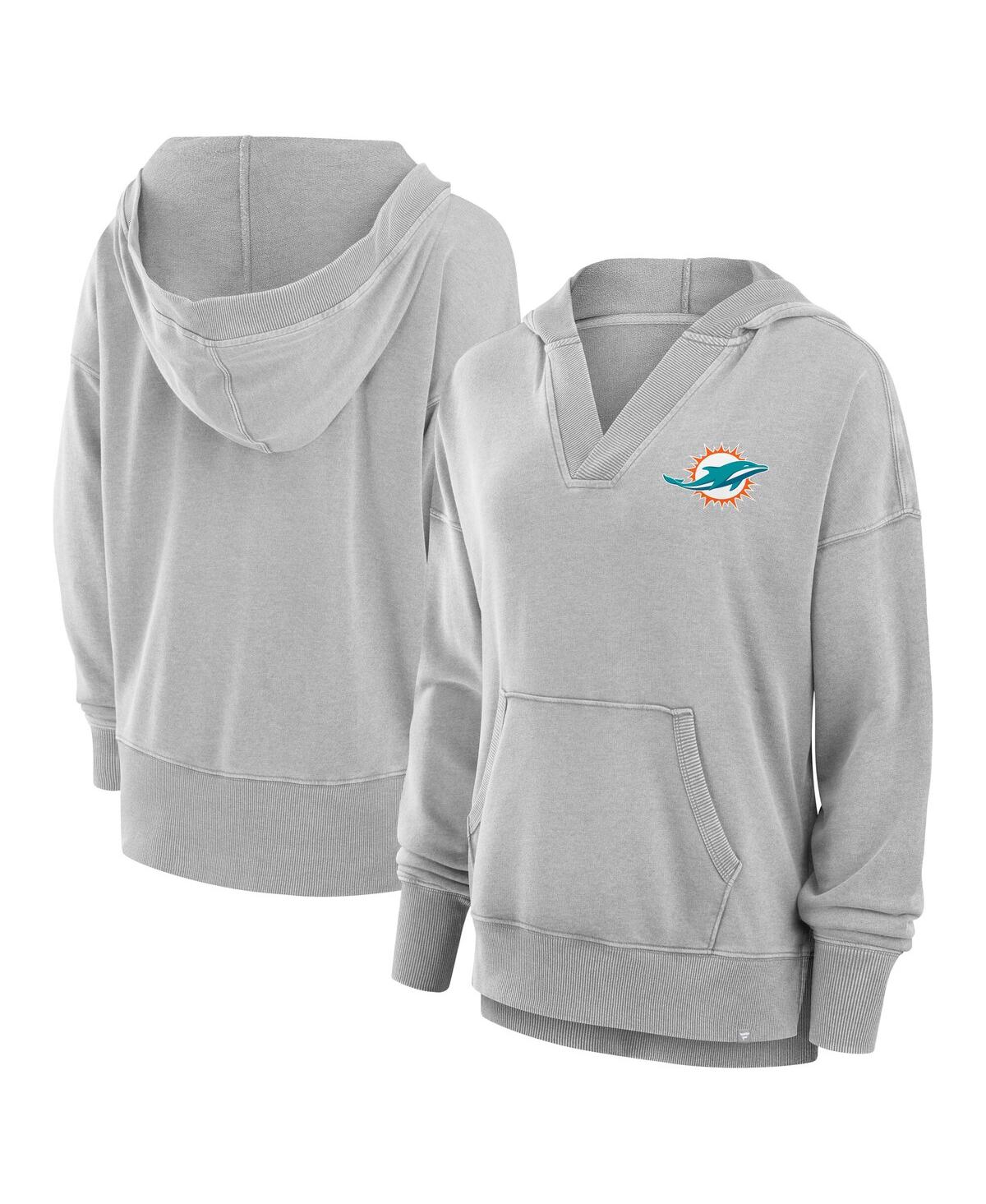 Women's Heather Gray Miami Dolphins Initiative Snow Wash French Terry V-Neck Pullover Hoodie - Heather Gray