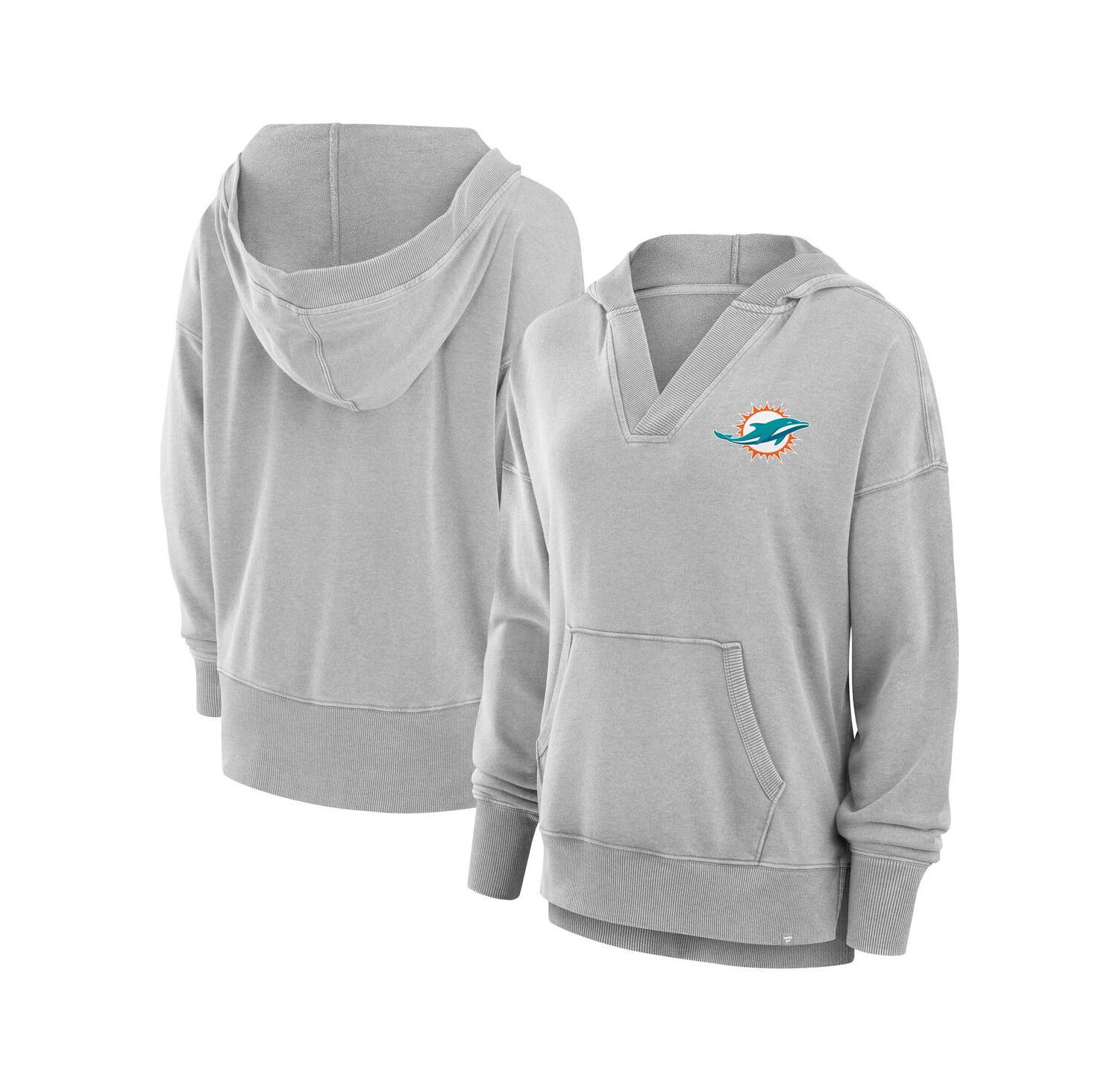 Women's Heather Gray Miami Dolphins Initiative Snow Wash French Terry V-Neck Pullover Hoodie