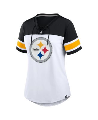 Women's White/Black Pittsburgh Steelers Athena Rhinestone Lace-Up V-Neck T-Shirt