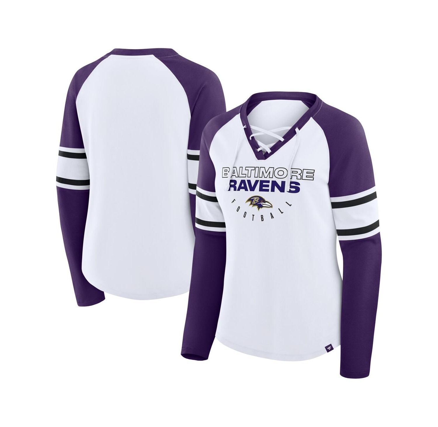 Women's White/Purple Baltimore Ravens Redzone Blitz Package Raglan Lace-Up V-Neck Long Sleeve T-Shirt