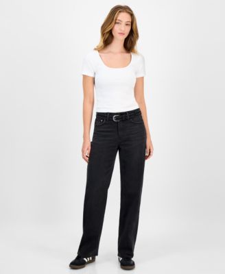 Juniors' Belted Slim-Fit Wide-Leg Jeans